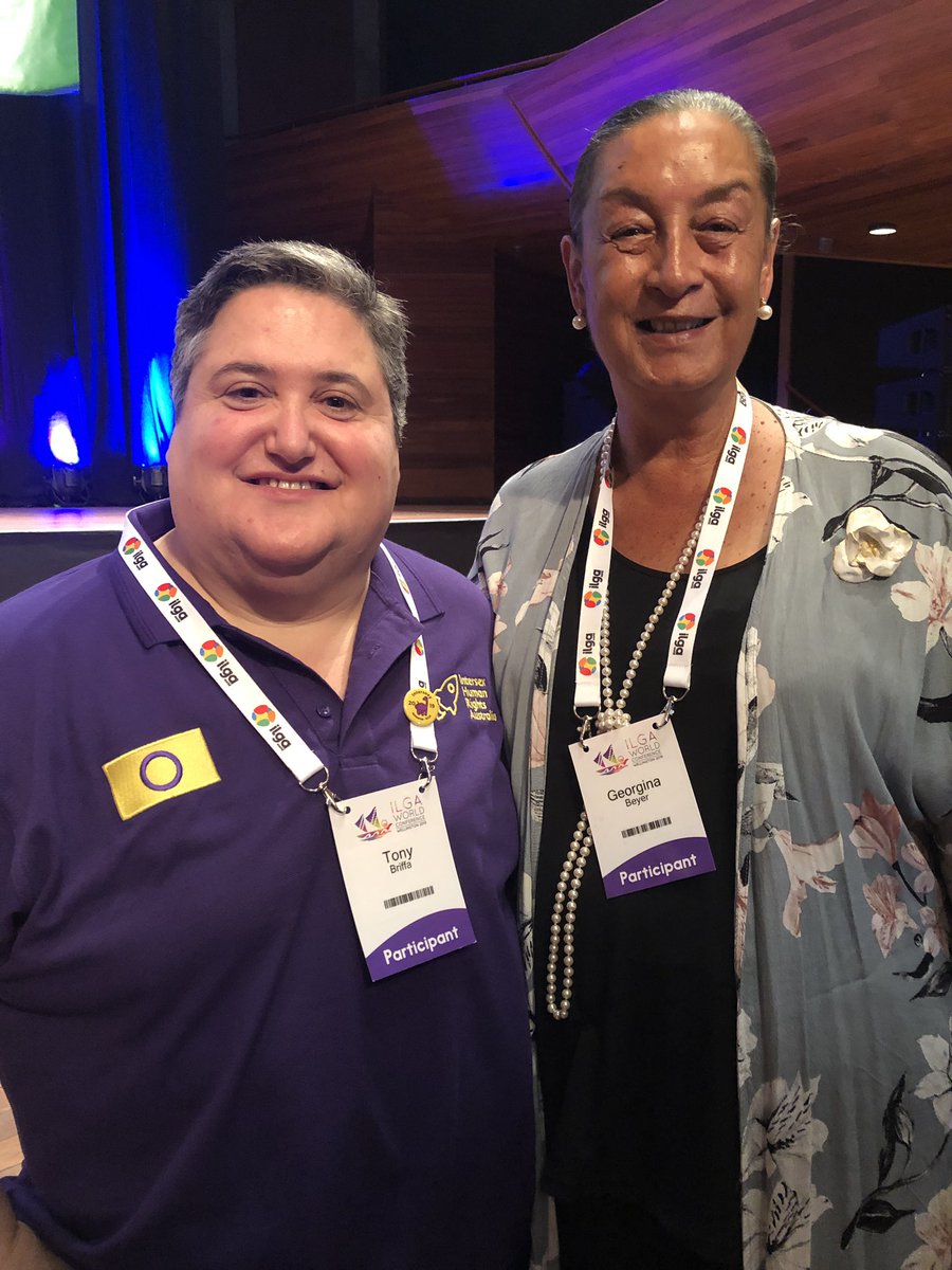 The world's first out trans mayor (Georgina Beyer) and the world's first  out intersex mayor (Tony Briffa) together this morning! It was great seeing  Georgina again. #ILGA2019NZ, image size:900x1200