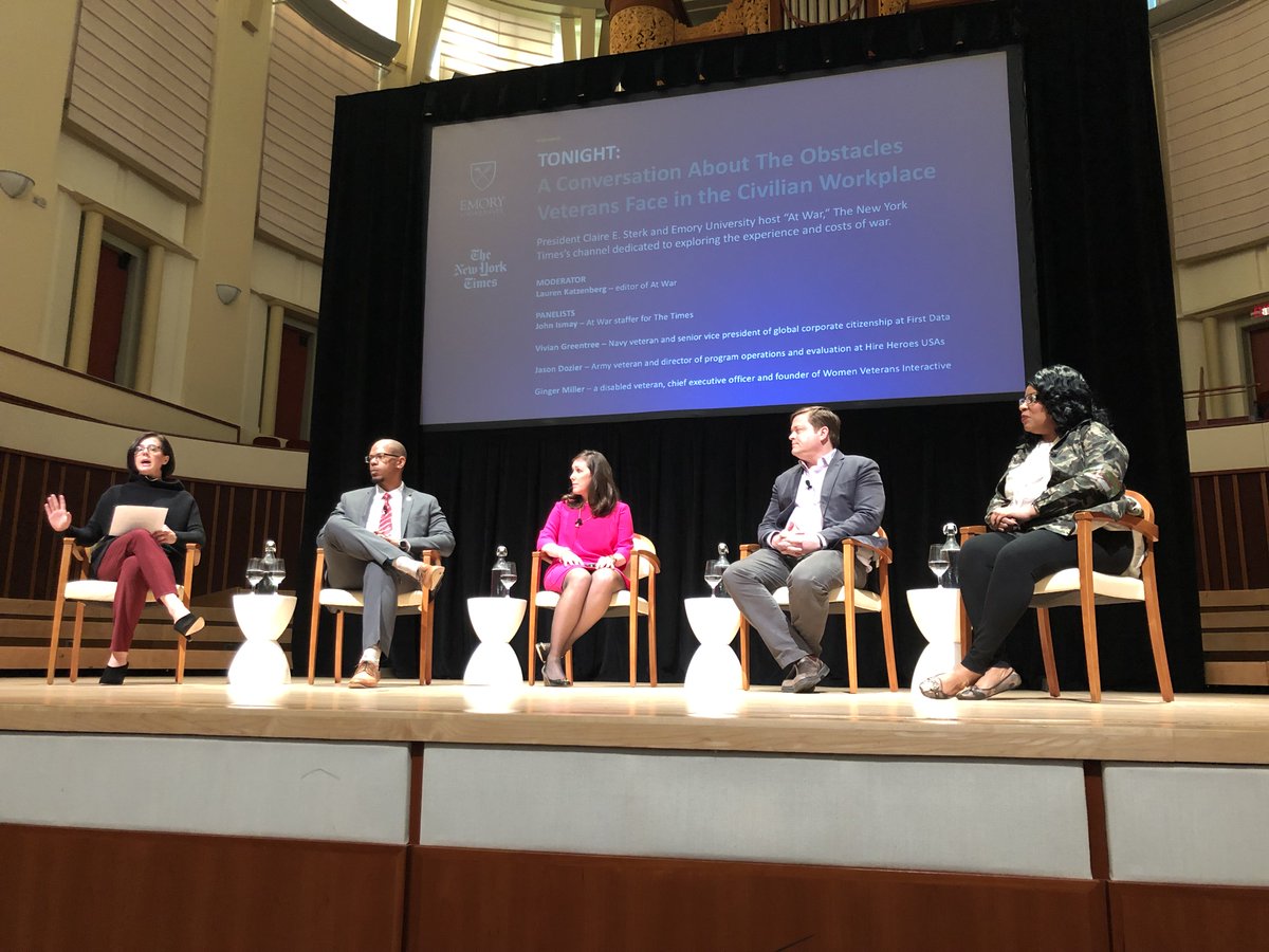 EmoryUniversity's tweet photo. Tonight's Emory, @NYTimesAtWar conversation on veterans and workplace bias is moderated by @Lkatzenberg and includes @johnismay, @GingerBMiller, Vivan Greentree from @womenvetsaction and Jason Dozier from @HireHeroesUSA #EmoryVets #TimesEvents https://t.co/g5LHzP6p9s