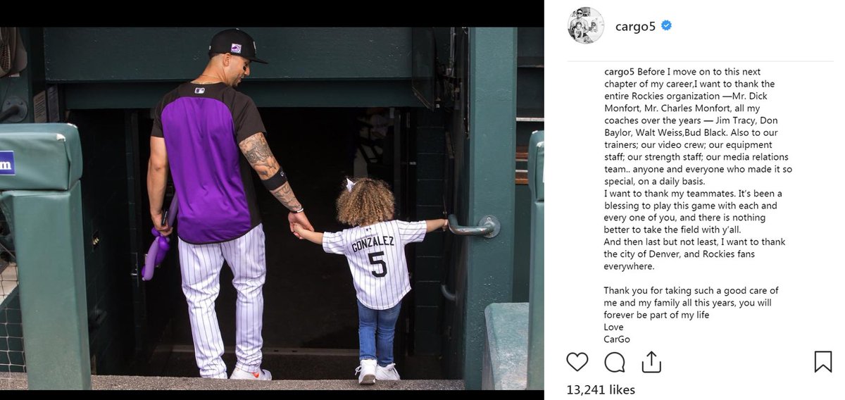 Rockies's tweet photo. A great baseball player and even better person, @CarGo5 says farewell. https://t.co/GIgM9sRETI