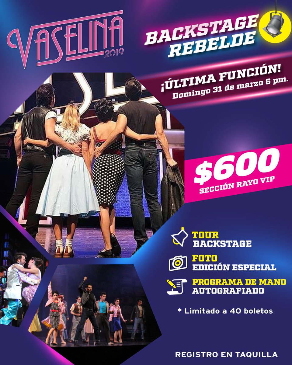 vaselinaoficial's tweet photo. ¿Ya te registraste en el último #BackstageRebelde? ⚡🤟 

Última oportunidad para ser parte de esta gran experiencia. Corre a las taquillas del Teatro San Rafael para hacer tu registro. Más info en: https://t.co/KHnpV3qZ6s https://t.co/9LWRP9eSfI