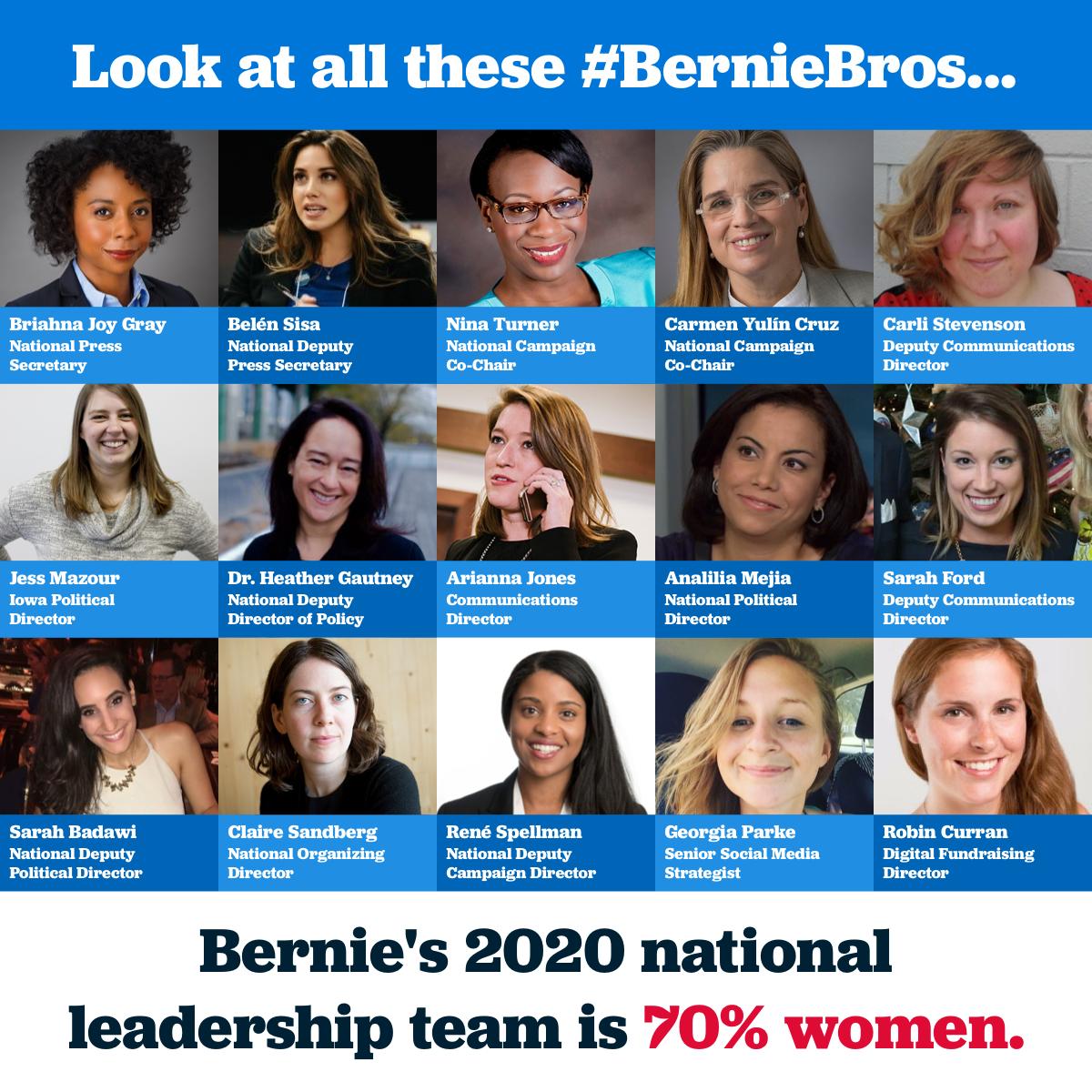 SilERabbit's tweet photo. Wow. I literally had literally no idea that Bernie's leadership team is literally only has 70% female. 30% of women aren't good enough. Amazing. https://t.co/M6UAE3qRLb