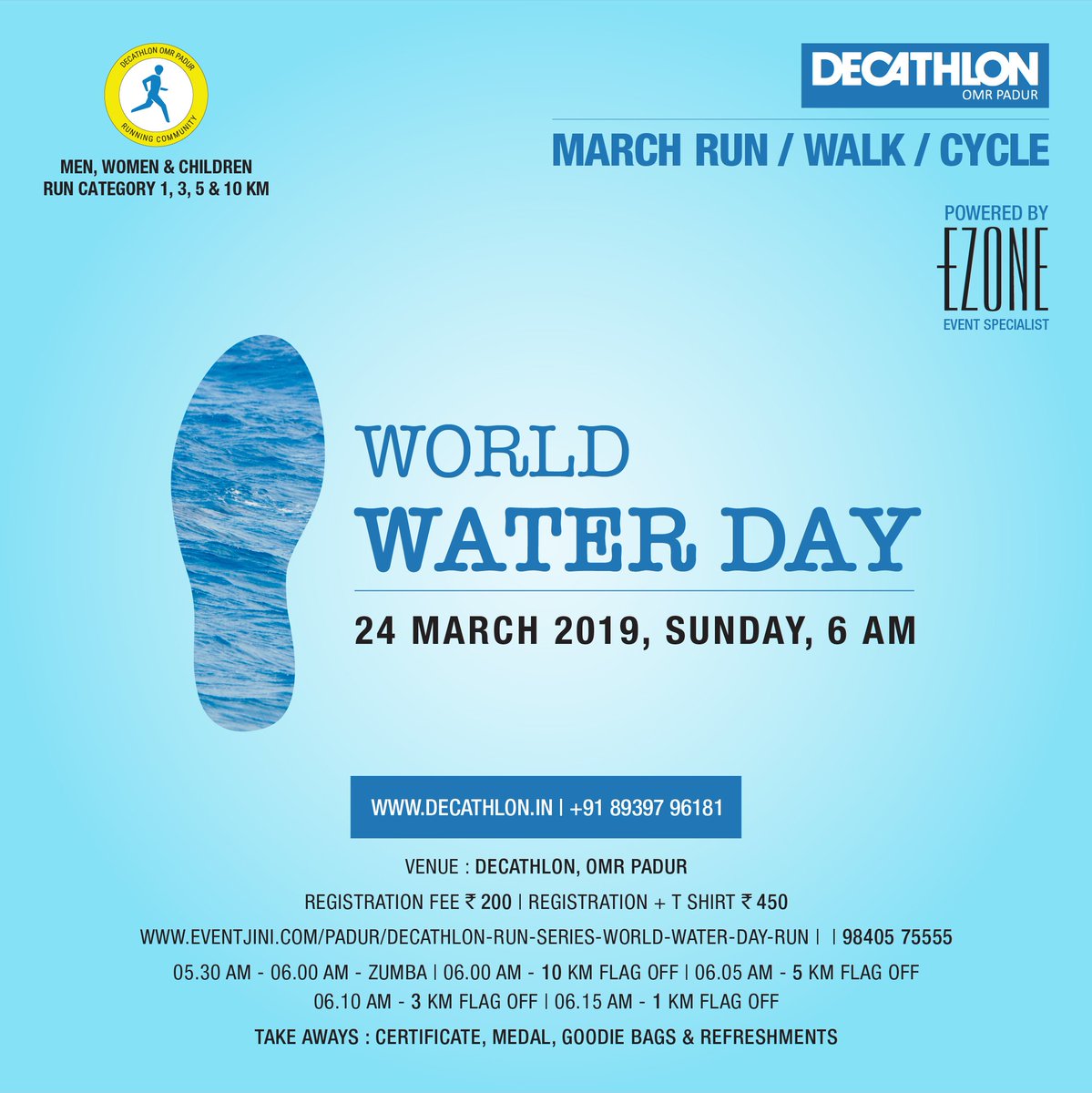 ezone_india's tweet photo. "Do not waste water even if you were at a running stream"
Join us #WorldWaterDayRun at DECATHLON OMR Padur on 24 March 2019, Sunday 5:30 AM
Run/Walk/Cycle with your family and friends!!!
Register here: https://t.co/S9UL5E0nSW
#employeeENGAGEMENT #healthyCOMMUNITY https://t.co/JqLOqtpaPC