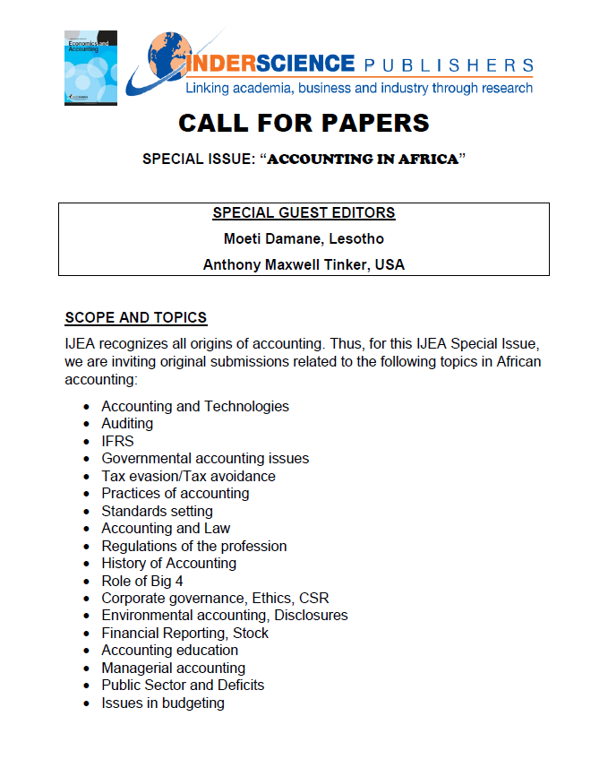 iamSANhedrin's tweet photo. I am #proud &amp; #humbled to announce that the International Journal of Economics and Accounting (#IJEA) @Inderscience has issued a #CALLFORPAPERS for their #SpecialIssue under the theme "#Accounting In #Africa" &amp; that I have been selected as a Special Guest Editor for this issue: https://t.co/o2QqSovDtL