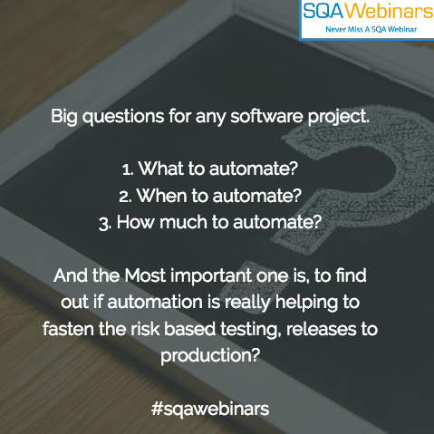 sqawebinars's tweet photo. Top Automation Questions For Every Project Automated!!

#sqawebinars 
#top #questions #automation #risk #based #testing #success #failure #benefits #corporates #companies #google #oracle #java #python #selenium #robotium #appium #mobile #webapplication #testing #production #ship https://t.co/VBYBs6DG65