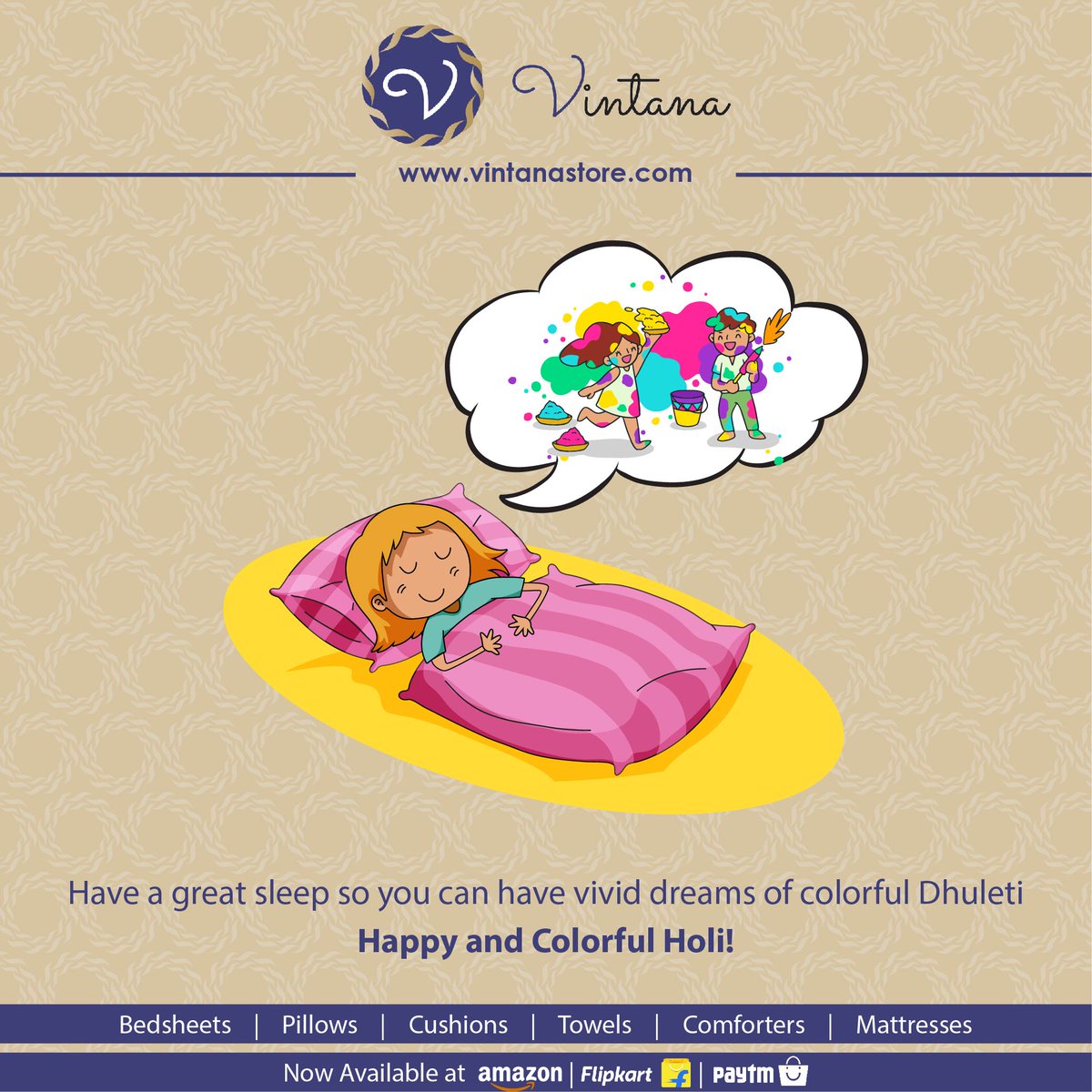VintanaStore's tweet photo. It’s a Holi today! Enjoy #Holi with #colors of happiness and joy. Start dreaming about playing #Dhuleti tomorrow!.
.
.
.
.
.
 #HappyHoli2019 #InternationalDayOfHappiness #HomeDecor  #BedSheets https://t.co/6WMGMDI3Rl