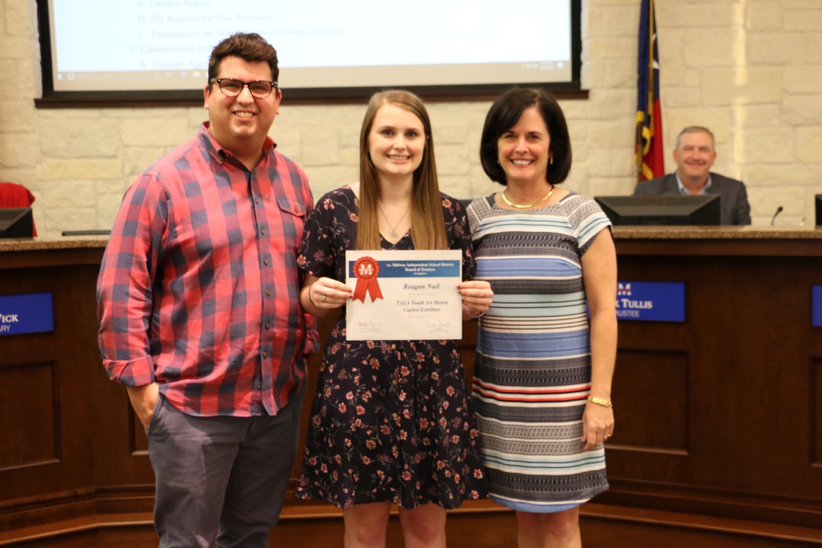MidwayISD's tweet photo. School Board Recognitions: Youth Art Month celebrating artists exhibiting at Texas Capitol - Null &amp; McMillan; PTA State Reflections Artists; State VASE Artists @MidwayHS @MidwayMS @HewittElem @SouthBosque @WoodwayElem @MISDRiverValley @CastlemanCreek https://t.co/QZaxLE4kNv