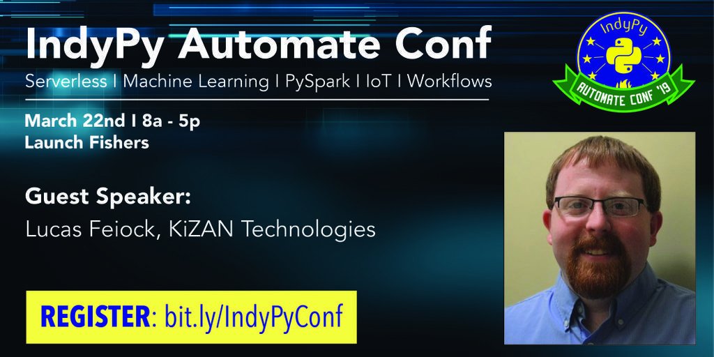 indypy's tweet photo. We're excited to be joined by @LucasFeiock of @kizantech at #IndyPyAutomateConf. Make sure to grab tickets for his talk on: "Using #PySpark with Databricks Structured Streaming." Purchase your tickets here: https://t.co/Kn1auEVQRQ https://t.co/ezEXUycABR