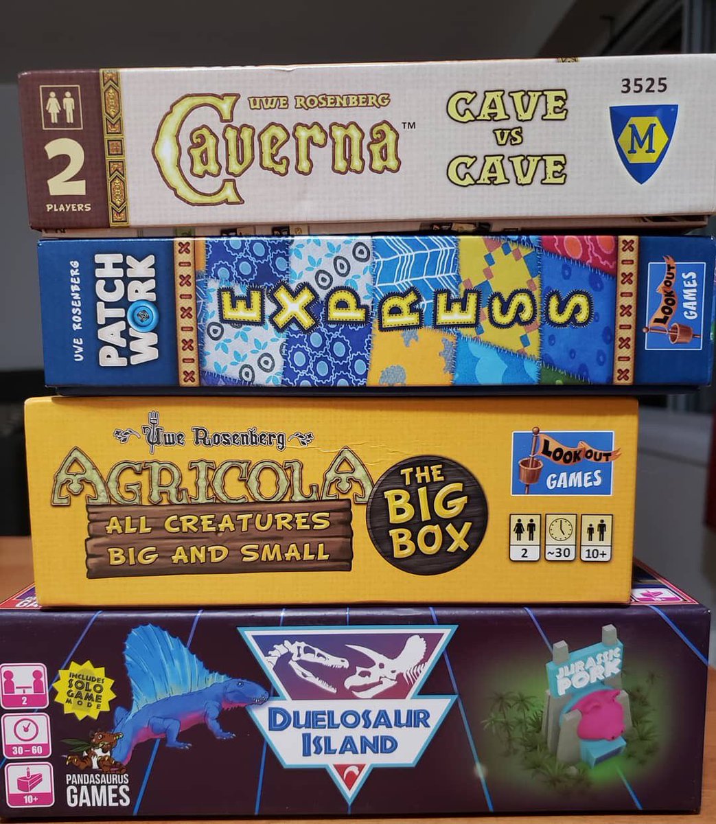 boardgamingcrew's tweet photo. Two player game nights aren't so bad when you have a lineup like this!!

#patchwork #patchworkexpress #duelosaurisland #agricola #agricolaallcreaturesbigandsmall #caverna #cavernacavevscave #gamenight #boardgamingcrew #boardgame #bgg #boardgamegeek #ottawa #gaming https://t.co/esMVHWuo70