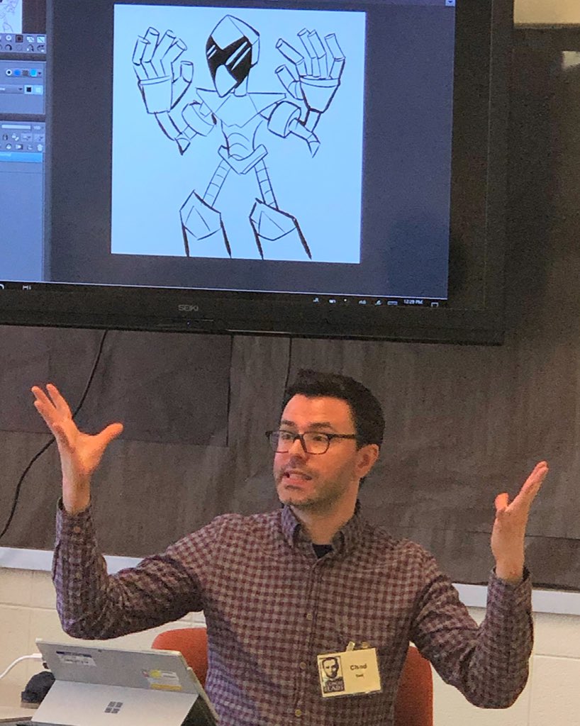 annyrusk's tweet photo. @chadsell01 draws a ‘robot knight’ character, created and co-designed by my charge at #ilreads! Some of the kids wanted it to be added to the #cardboardkingdom sequel. #KidsDeserveIt #edchat #teachergoals #nerdybookclub #DiversityandInclusion #middlegradebook #Booklove https://t.co/fCROihq6ZO