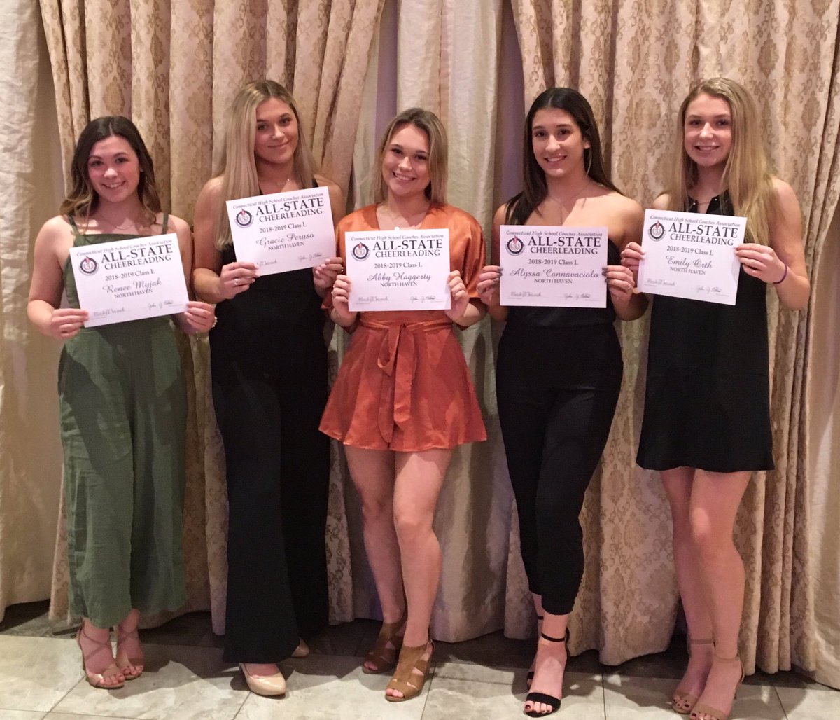 NHAthleticsAD's tweet photo. Congratulations to Renee, Gracie, Abby, Alyssa &amp; Emily. 
Class L All-State Cheerleaders honored tonight at the CHSCA All-State Banquet. @NorthHavenPatch @nhcourier @NHCitizen @NHHSFootball @nhhsbbasketball @NorthHavenTribe https://t.co/YSZDKhr5nA