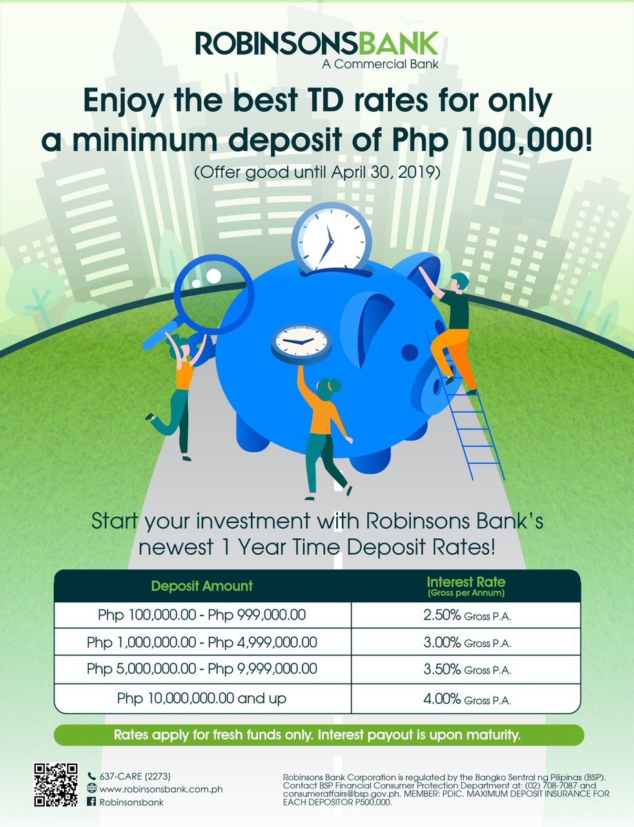 RBankCorp's tweet photo. Enjoy RBank's BEST 1-Year Time Deposit Rates for only a minimum deposit of Php100,000.
Open your Time Deposit Account today!
#RobinsonsBank #RBank #TimeDeposit #1YearTD https://t.co/EupQeHL5Pl
