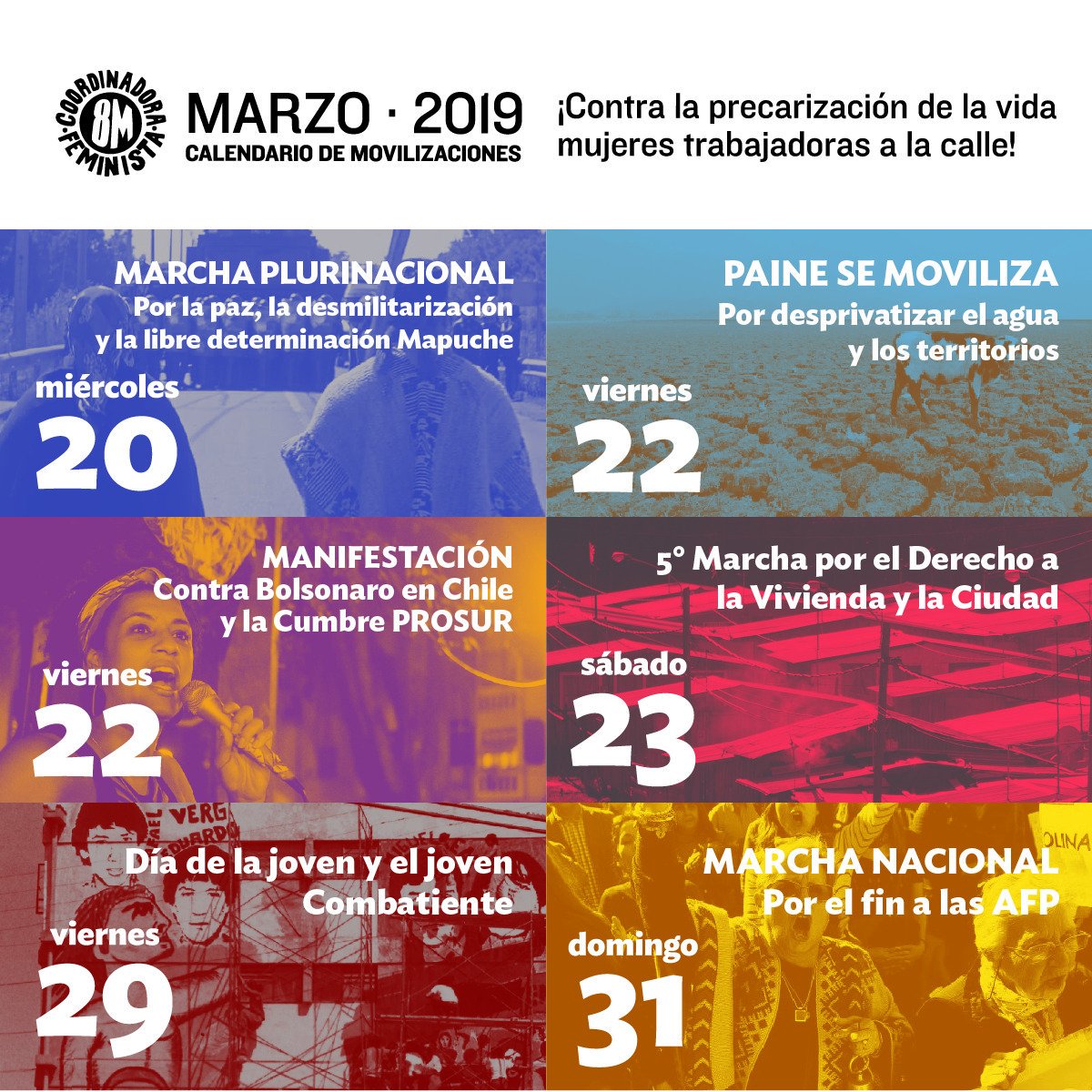 Coordinadora8m's tweet photo. 🔴MOVILIZACIONES DE ESTA SEMANA - Contra la precarización de la vida, mujeres trabajadoras a la calle!
➡ 20 Marzo - Marcha plurinacional mapuche. En todo Chile.
Stgo en Plaza Los Héroes 20:00 hrs
➡ 22 Marzo - Marcha por el agua en Paine. Plaza Paula Jaraquemada, Paine 18:30 hrs https://t.co/Z4JYo3nRtq