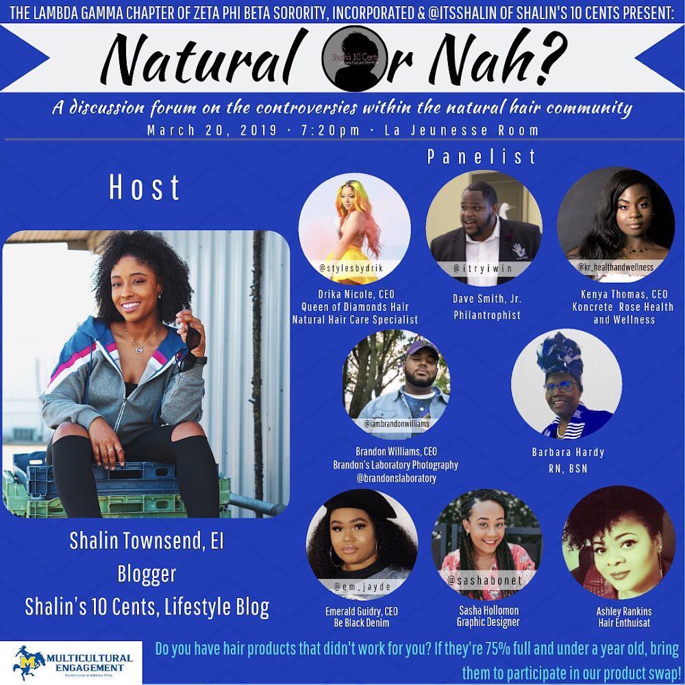 ✨TOMORROW✨
“Natural, or Nah?” A discussion on the controversies within the natural hair community. 🙌🏾🙌🏾🙌🏾
We’re SOOO excited for this event 🔥!
Here’s sneak peek at some door prizes that may be yours 👀. See you there! 
3/20/19 - 7:20PM
McNeese La Jeunesse Room