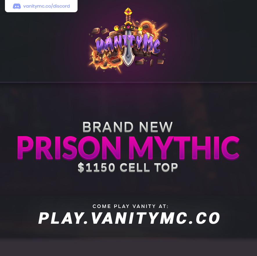 VanityMC's tweet photo. Due to popular demand, we will be releasing a new Prison Mythic realm this Saturday at 3 PM EST! 🔮

This release will be 20 man cells and have $1,150 weekly payouts! ⛏

https://t.co/3IE4JLj3sf

Retweet + Follow to enter in a giveaway for: 
x3 Vanity rank
x1 $100 Store gift card https://t.co/sQj79UczpS