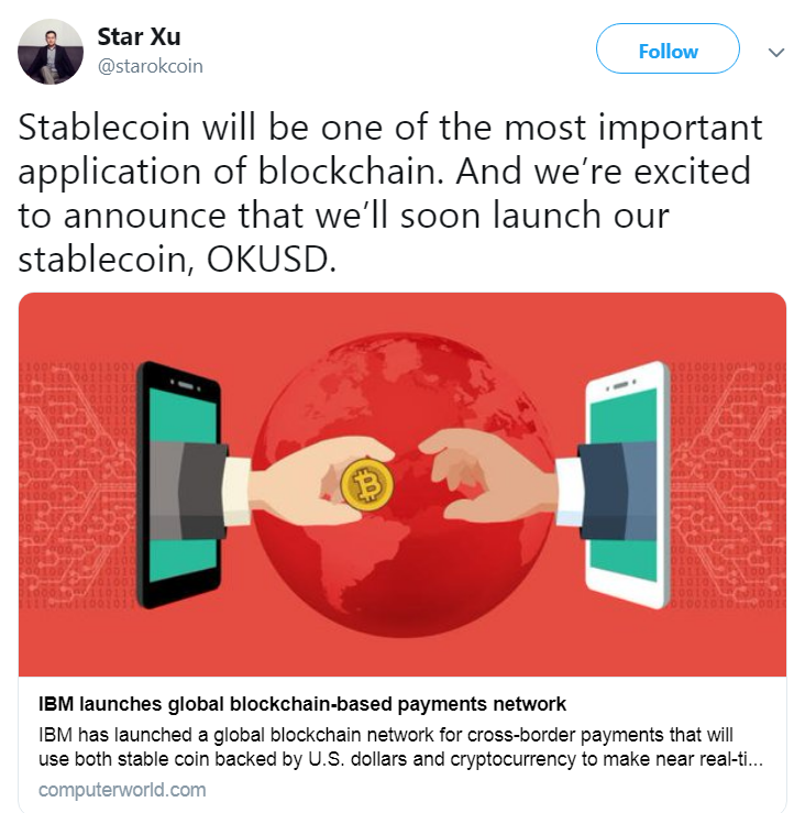 CryptonewsH's tweet photo. OKEx's Star Xu Said to Launch Stablecoin, OKUSD

Star Xu, founder of OKCoin and OKEx, announced on Twitter that the exchange will soon launch their own stablecoin, OKUSD. “Stablecoin will be one of the most important... 

#crypto #cryptocurrency
https://t.co/1DWqlZqvZS https://t.co/zk9TGyxAUs