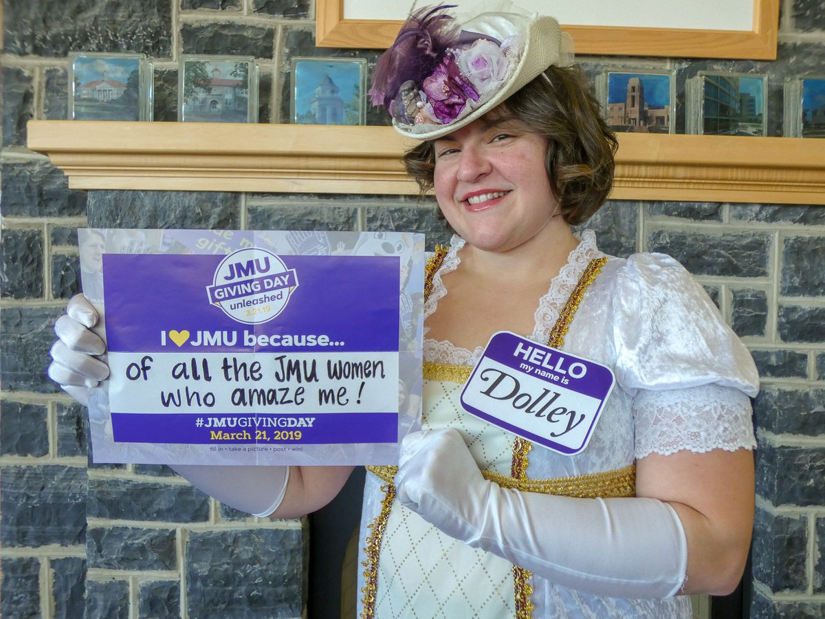 WomenForMadison's tweet photo. Dolley is celebrating all the wonderful women of JMU and their contribution to the Madison Experience for this #JMUGivingDay. Why do you 💜 JMU?
#dolleydolley https://t.co/NkgGMUV0hd