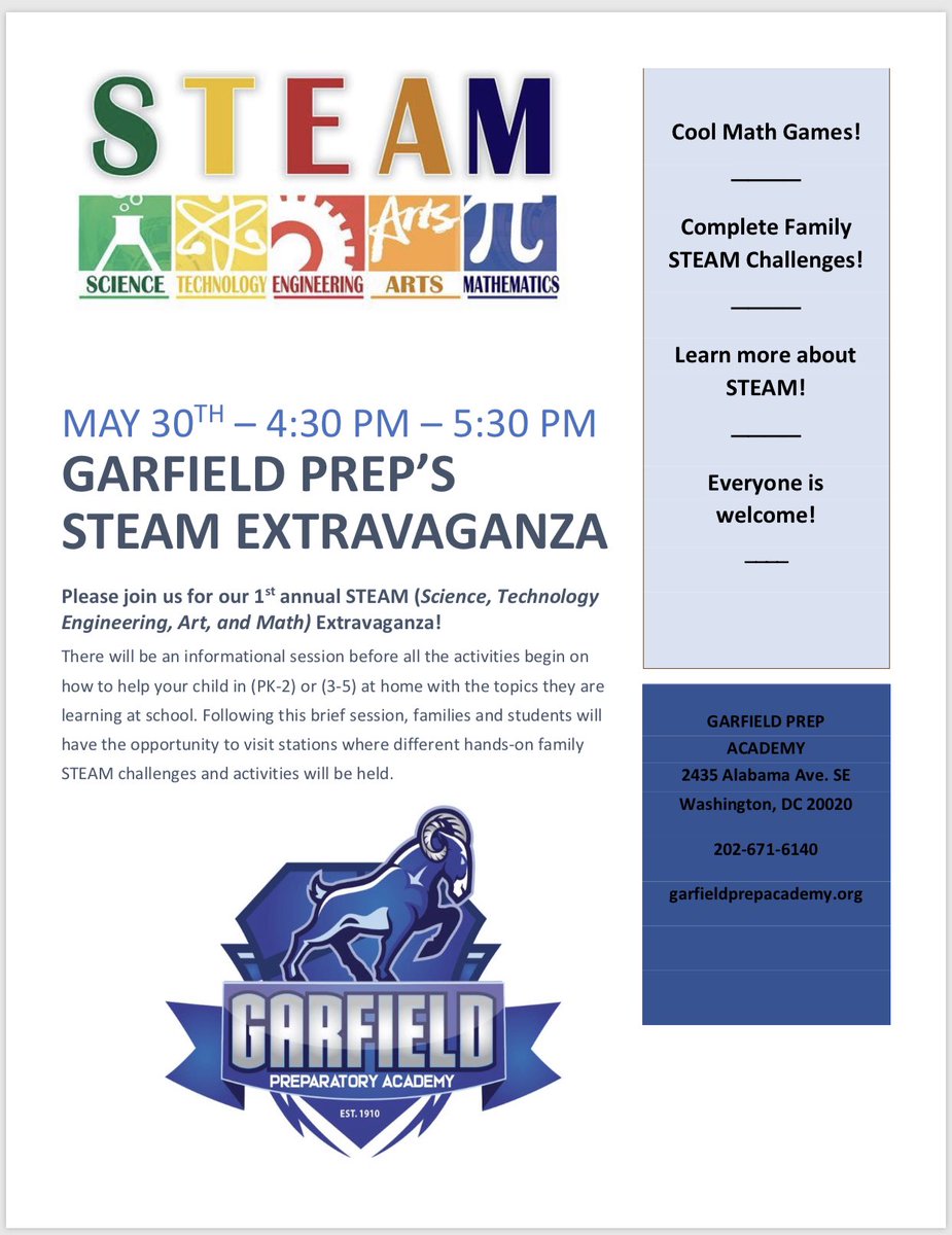 BES2012LLC's tweet photo. Greetings Parents,

Please scroll left on the images below to learn more about our 1st annual STEAM Extravaganza. We’ll send more details over the next few weeks. @ward8edcouncil @Ward8Outreach @DigitalEquityDC @DCPSedTech @OneTechChic @MichelleJFoster  @dcpublicschools https://t.co/BCamf29TeU