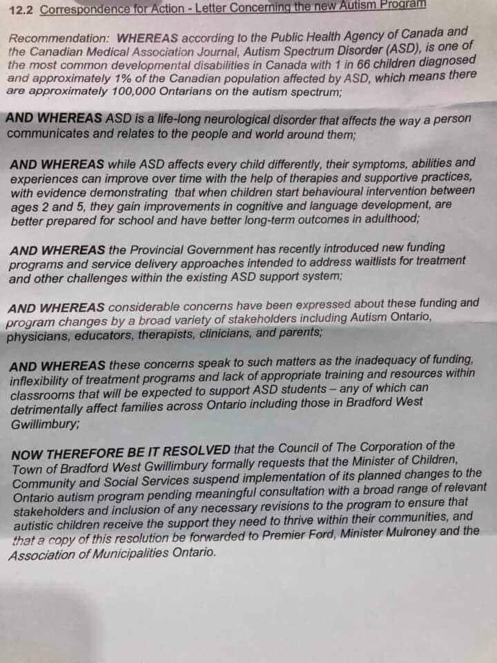 RobinKonst's tweet photo. BREAKING: @TownofBWG past a motion to request the Minister suspend implementation of the OAP
#onpoli
#PauseThePlan
#ResignLisaMacLeod
#AutismDoesntEndAtFord https://t.co/Hktjzc7mSE