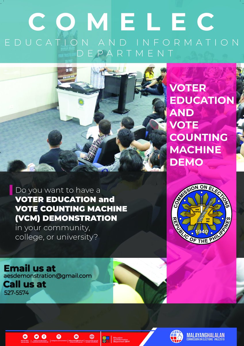 COMELEC's tweet photo. #AlamMoBa: 54 araw na lang #NLE2019 na!

For #VoterEd and #VCMDemo requests, email us at aesdemonstration@gmail.com or call us at (02) 527 5574. https://t.co/eAVYoSn1H5