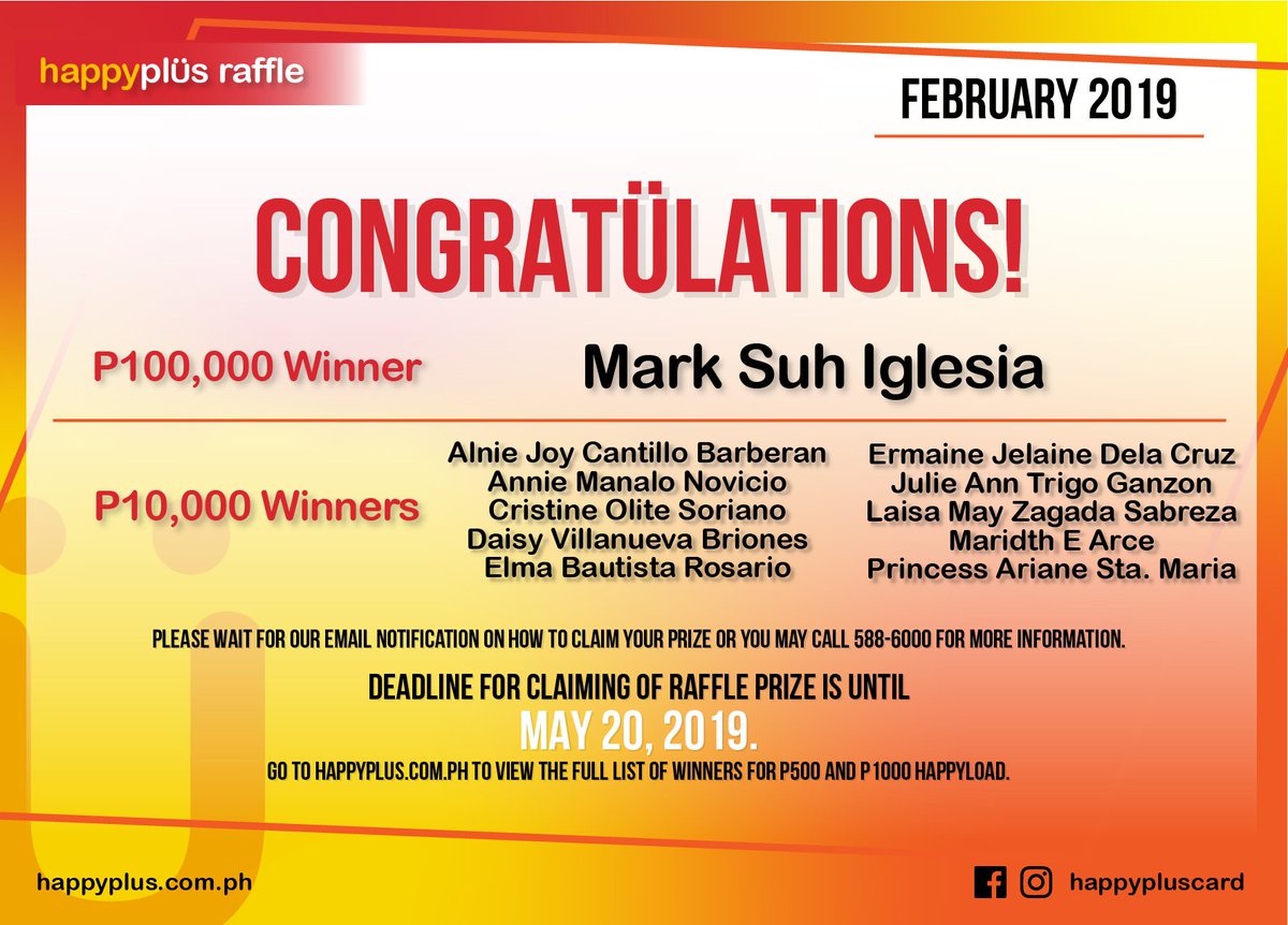 happypluscard's tweet photo. Congratulations to our Raffle Winners for February 2019! For the full list of winners, go to https://t.co/Vs7nuzL7vl :) #HappyplusCard https://t.co/7CaGBc4wVB