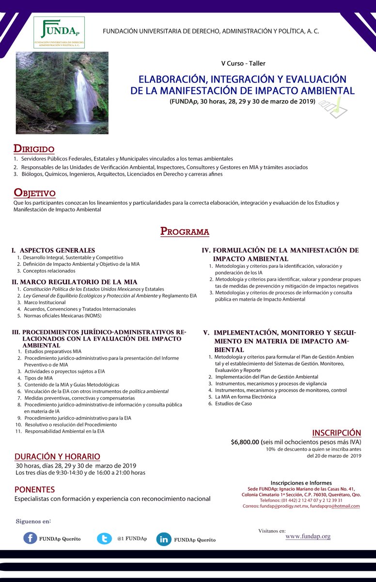 FUNDAPQRO's tweet photo. En FUNDAp 2019 en materia Ambiental:  V Curso Taller Elaboración, Integración y Evaluación de la Manifestación de Impacto Ambiental (30 horas, días 28, 29 y 30 de abril); fundapqro@hotmail.com y fundap@prodigy.net.mx https://t.co/6CXBGYJ5M2