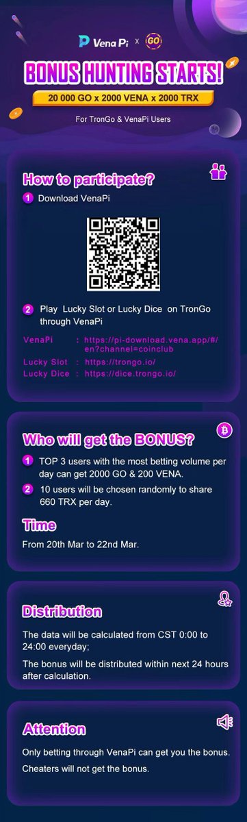 VenaProtocol's tweet photo. 🔥Venapi x @Trongo_official Bonus Hunting Starts
🌟20,000 Go x 2,000Vena x 2,000 #Trx Giveaway

Time: 20th Mar- 22nd Mar

💫How to participate in?
1, Download Venapi
2, Play Lucky Slot/Lucky Dice in VenaPi

Top 3 winner won 2,000 Go &amp; 200 Vena
10 random users share 660 Trx https://t.co/LqKcdR7ZJM