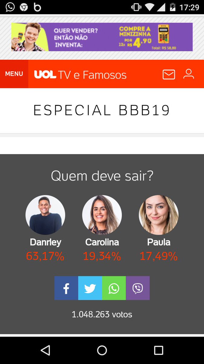 marcelopaolicch's tweet photo. Aí enquete Uol erra mas hoje foi dia de acertar até na porcentagem kkkk moleque mais chato de todos BBBs ,se fala de rasismo da Paula, ué porque não ganhou da  Carol ?#ForaDarnley https://t.co/DDGuuO8A23