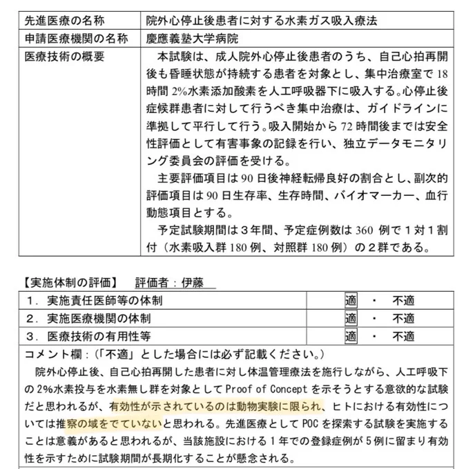 「厚生労働省が水素ガス吸入治療法を先進医療Bとして認めた」

嘘ではないんだけど、先進医療Bの評価はこんな感じ。
「動物実験のみ〜ヒトに対する有効性は推測の域を出ていない」

そもそも心肺停止患者に対する効果と認知症に何の関係が？… 