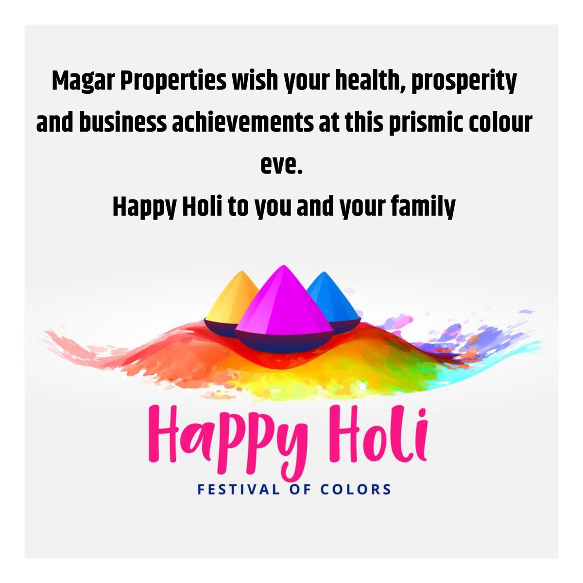 MagarProperties's tweet photo. Magar Properties wish your health, prosperity and business achievements at this prismic colour eve. 
#HappyHoli2019 Happy Holi to you and your family https://t.co/LGu7yYPyG1