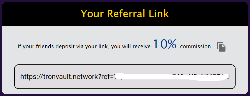 TronVault's tweet photo. Only need to deposit 1trx and you can start earning 10% ref commissions at #TronVault. Total ref commission payout is almost 900k trx now and part of which could be your share, so deposit and activate your referral links now! @DappRadar @dapp_review @dapp_com @BitcoinTre https://t.co/RBU1n5MQVa