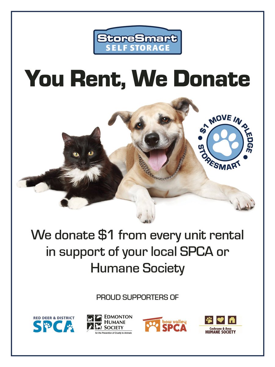StoreSmart's tweet image. You Rent, We Donate! Through the StoreSmart $1 Move-In Pledge, we have raised more than $8,500 in support of local SPCAs and humane societies! Go to StoreSmart.ca/About-Us/Commu… to learn more. #opt2adopt #animalwelfare