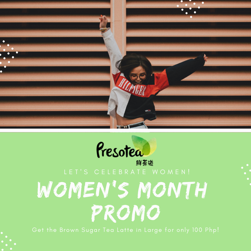 PresoteaPH's tweet photo. We're still celebrating Women's Month! To all the ladies, get a Brown Sugar Latte for only 100 pesos when you get any large drink of your choice. Valid every Wednesday in SM Cherry Shaw and every Friday for RobMag. 💖 #PresoteaPH #brew2order #teapresso #promo #womensmonth https://t.co/DCjZyHxnvw