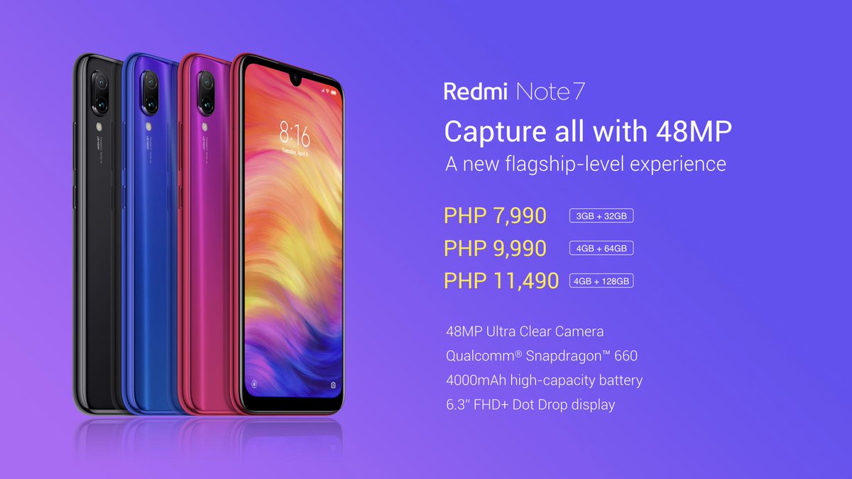 Xiaomi_PH's tweet image. Yes, you heard us right! Redmi Note 7 will be available starting from P7,990!
#RedmiNote7
#48MPforEveryone
#TheMidrangeKing