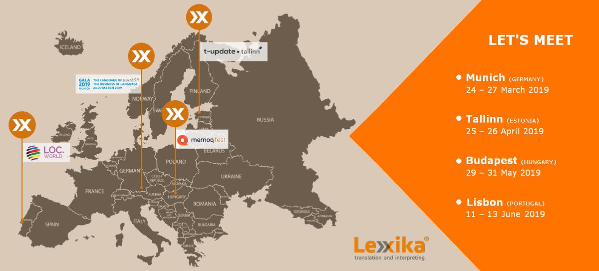 lexika_sro's tweet photo. Meet @lexika_sro at  #translation industry events in spring 2019 in Munich in March, Tallinn in April, Budapest in May and Lisbon in June. 
#conferences https://t.co/1s3fRKgW8z