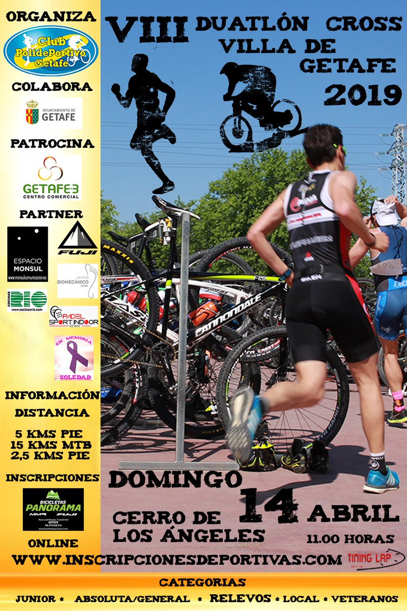 No te pierdas una de las pruebas más atractivas del calendario deportivo de #Getafe ‼️💪💪💪
VIII DUATLÓN CROSS "VILLA DE GETAFE" 2019 🏃‍♀️🚵‍♂️🏃‍♂️
Inscríbete online en inscripcionesdeportivas.com o presencialmente en <a href="/bicispanorama/">Bicicletas Panorama</a> (C/ Rosa de Luxemburgo, 7)
Nos vemos el 14 de abril ‼️😉
