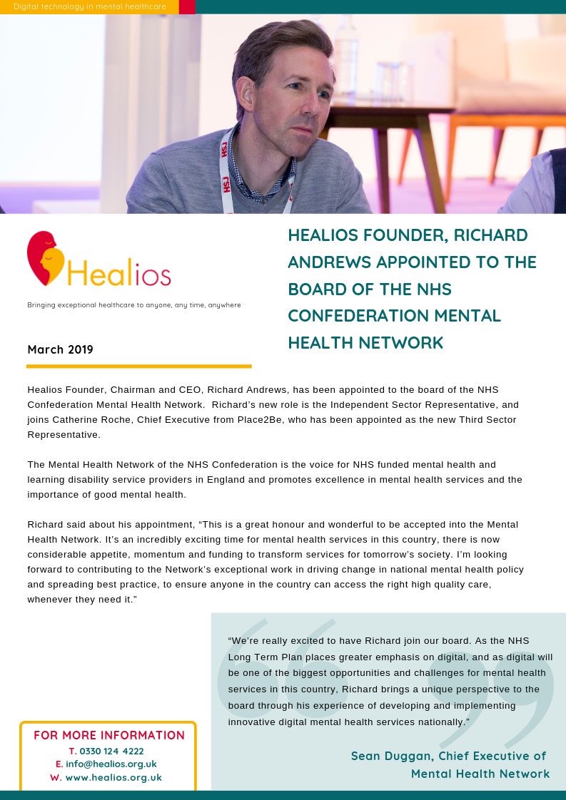 HealiosUK's tweet photo. Proud to hear @_Healios_ Founder, Richard Andrews has been appointed to the board of @nhsconfed Mental Health Network

Congratulations to Rich and Catherine Roche @Place2Be https://t.co/4Jocl6bNvG