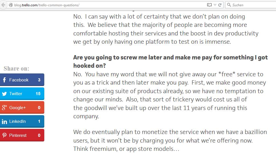 MarkusWerle's tweet photo. .@trello .@realjoelspolsky You promised never to "make me pay for something I got hooked on". This is why I chose your platform. So what is this new policy for teams and limiting the service forcing me into a business account? (Screenshot from 11 Jun 2015) #BrokenTrelloPromise https://t.co/jl4kCoMwDB