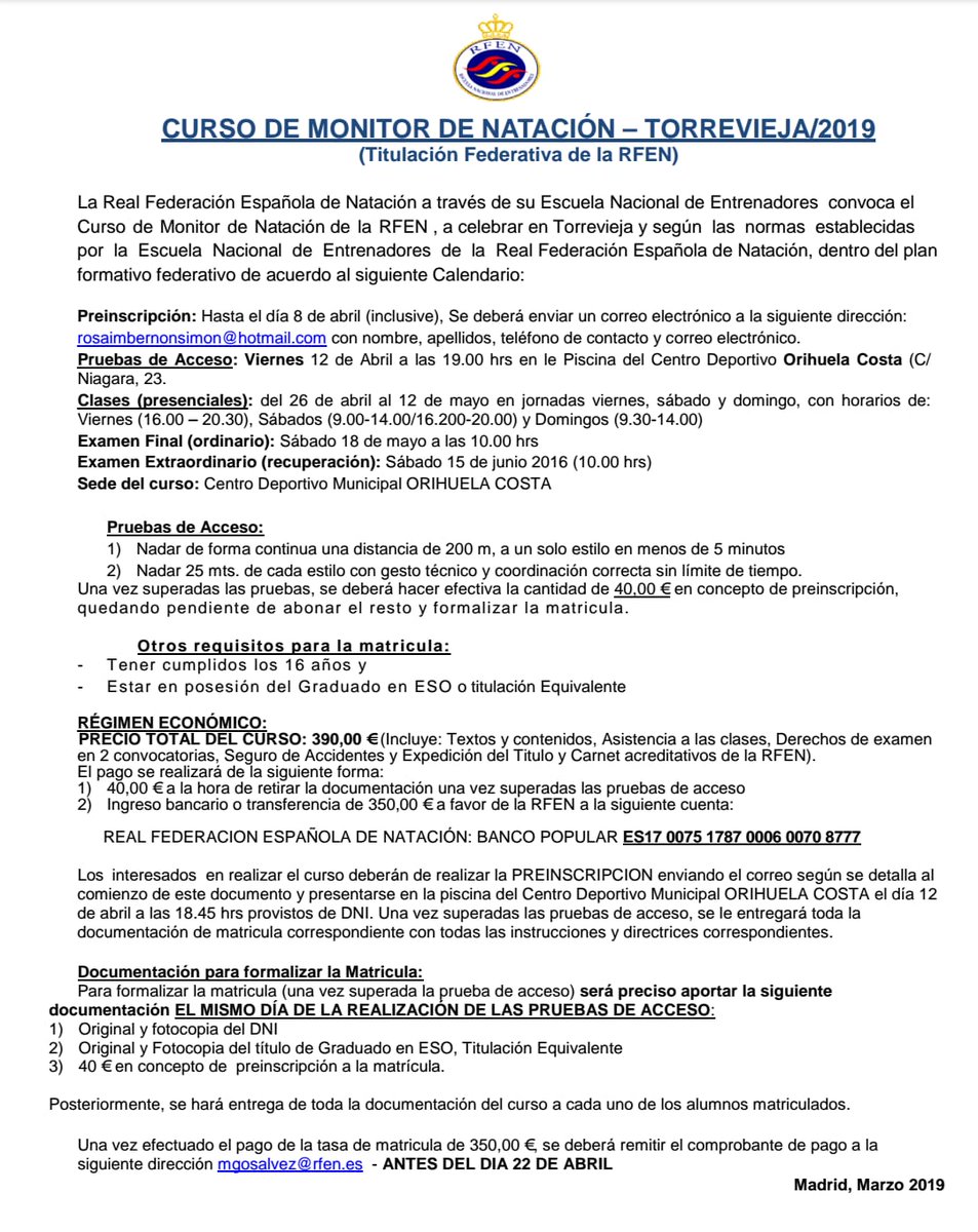 La Real Federación Española de natación a través de su Escuela Nacional de Entrenadores convoca al curso de Monitor de Natación el cual se realizará del 26 de abril al 12 de mayo en las instalaciones del CDM Orihuela Costa. 
Para mayor información llamar al 965 503 915
