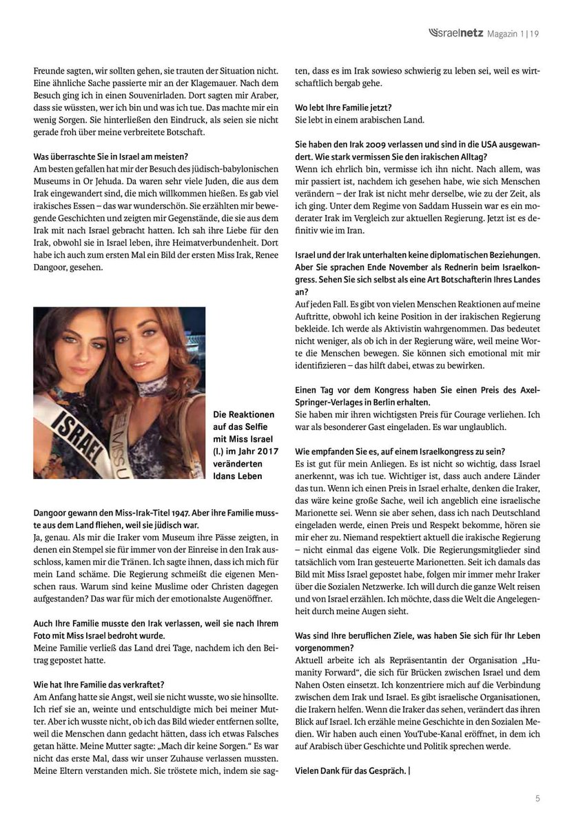 Israelkongress's tweet photo. Miss Irak Sarah Idan im @israelnetz  Magazin - Interview beim 5. Deutschen #Israelkongress #DILK18 👉 https://t.co/f4HJGV9D60 (S.4-5) #Israel https://t.co/IxhtQ7oGZ3