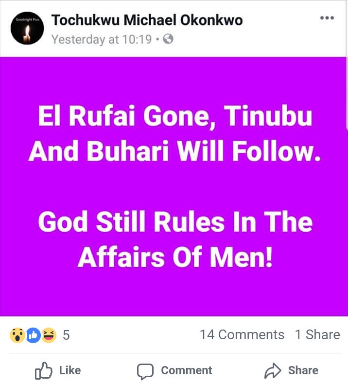 dmightyangel's tweet photo. Tochukwu Michael Okonkwo celebrating the "death" of @elrufai while waiting anciously for that of Buhari and Tinubu to follow.......
He even quoted a Bible passage, yet did not believe the passage he quoted indeed shows that God rules in the affairs of men🤣🤣🤣
#GallOfBitterness https://t.co/URFJ8UcNpZ