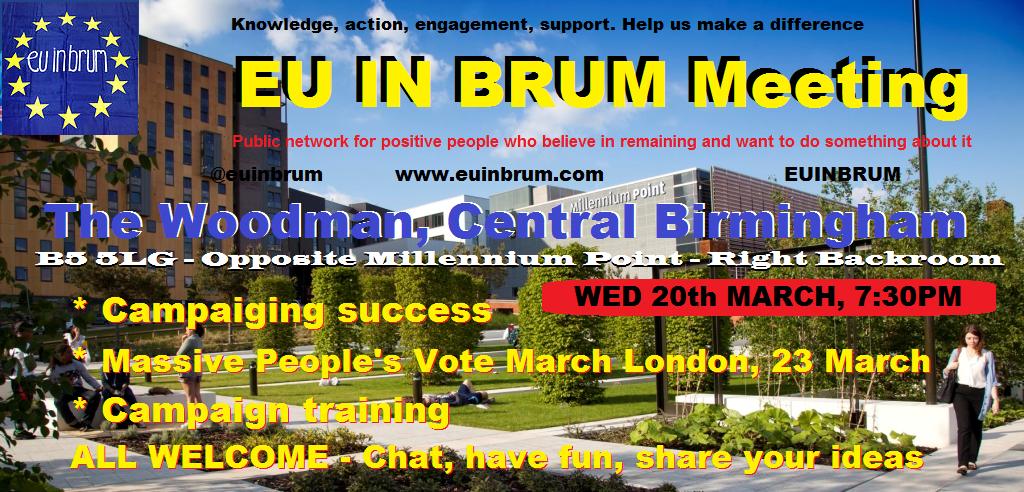 euinbrum's tweet photo. TONIGHT: Join Our Public Meeting @WoodmanBrum - All Welcome! 
Talk about:
* Latest #Remain/#brexit news 
* Massive #London march this Sat #PutItToThePeople 
* Share campaigning success 
* Fun activist training 
7:30PM, B5 5LG opp.@millenniumpoint PLEASE SHARE #Birmingham #Digbeth https://t.co/yosX5ZR0JJ