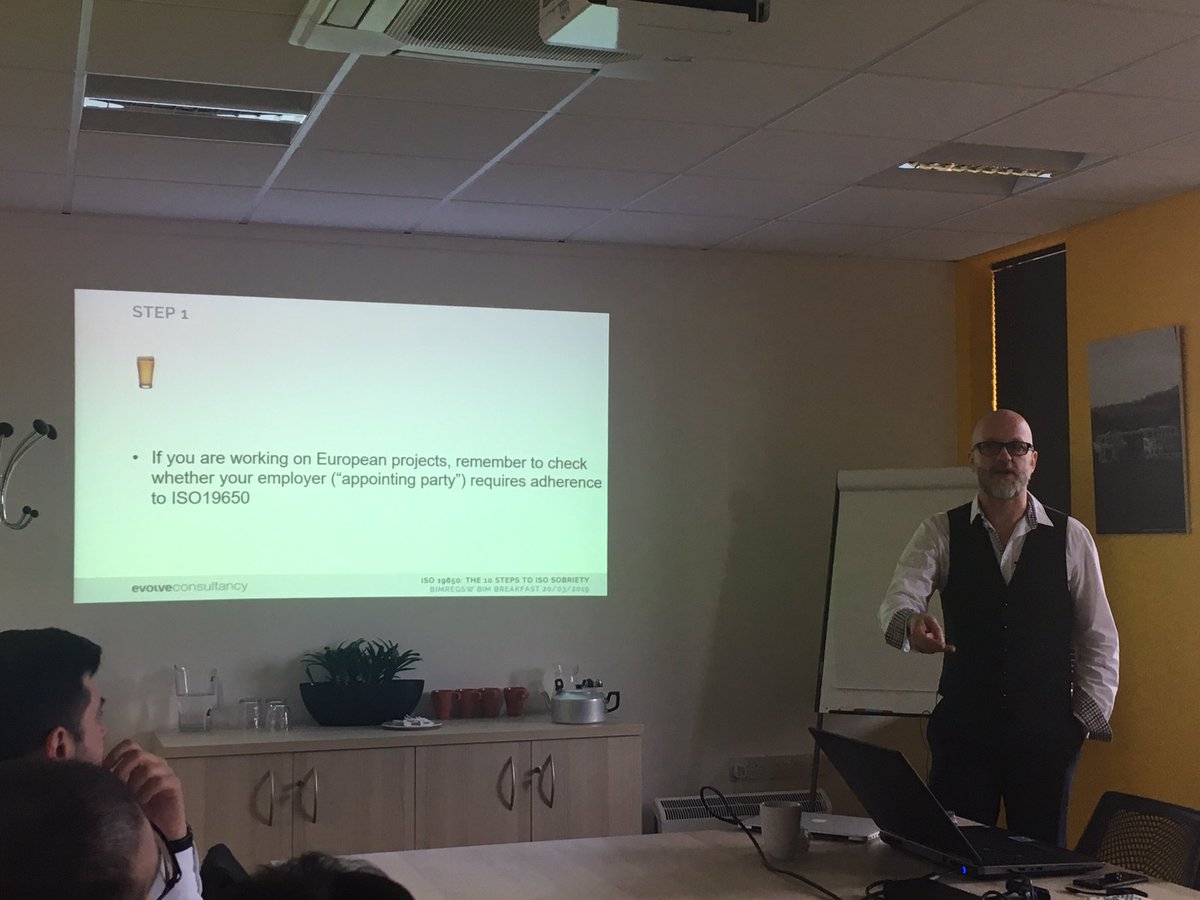 Nigel Davies <a href="/EvolveBIM/">Evolve Consultancy</a> says “if you are working on European projects - remember to check whether your employer (appointing party) requires #ISO19650 adherence.” #BIMbreakfast #BIMRegSW