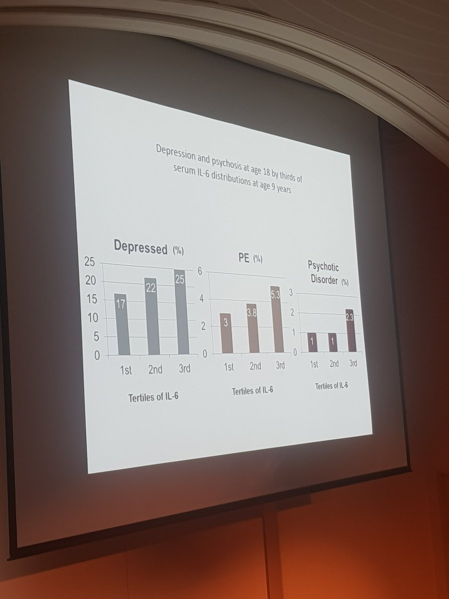 AleLautarescu's tweet photo. Prof Peter Jones on the relationship between #inflammation (IL6) at age 9 and risk for psychosis and depression at age 18. #devbrain19 https://t.co/vzw0ZZinxJ