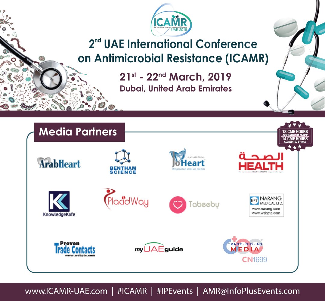 ICAMRConfUAE's tweet photo. With great pleasure we announce the Media Partners for 2nd UAE’s International Conference on #AntimicrobialResistance be held on 21-22 March, 2019 at Dubai, UAE
You can register here: https://t.co/CFAEmY8TT5
#InfectionControl #Microbiology #Antibiotics #ICAMR #IPEvents https://t.co/dRAlanKwZb
