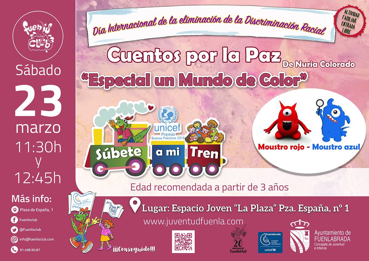 JuventudFuenla's tweet photo. #SubeteAmiTren títeres y cuentacuentos infantiles “Monstruo Rojo - Monstruo Azul” en el @Espacio_LaPlaza entre las 11:30h a 12:45h #Fuenlabrada #UnMundodeColor #NoHateSpeech https://t.co/6XGFy4MSOz https://t.co/mkS2AJKmvr