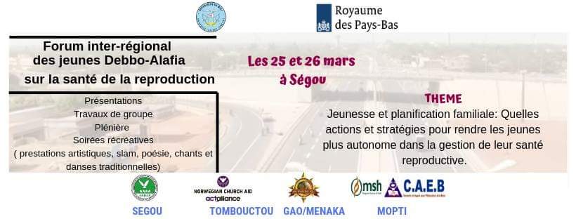 YALLANDRE's tweet photo. Du 25 au 26 aura lieu à #Ségou le Forum interrégional des jeunes en santé de la reproduction spécialement en planification familiale #FIRJ #SRPF au compte du programme #SRDS #DEBBOALAFIA des Régions de #Ségou #Mopti #Tombouctou #Gao et #Ménaka sur financement des #PaysBas. https://t.co/Wwog5qpBsL