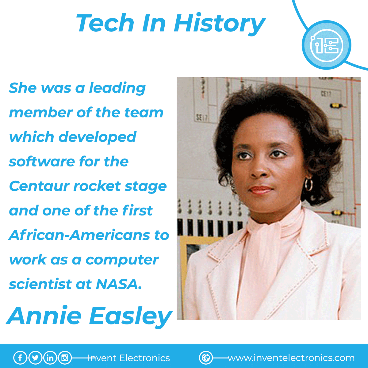 invntelectronix's tweet photo. Annie Easley (1933-2011) was a computer scientist, mathematician and rocket scientist. She worked on Centaur technology at NASA -- a high-energy rocket technology that uses liquid hydrogen and liquid oxygen to boost rockets into space.
#TechInHistory https://t.co/Jb3EhjoQnw
