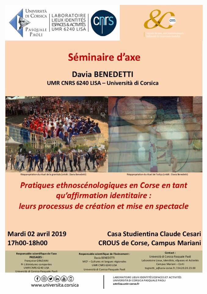DaviaBenedetti's tweet photo. RDV!  Pratiques ethnoscénologiques en Corse en tant qu’affirmation identitaire. #réappropriation  #granitula #ochju
Mardi 02 avril 2019, 17h00, Casa Studientina Claude Cesari, Campus Mariani - Università di Corsica. @UnivCorse @umrlisa @FLLASHS #JACES2019 
 Incù piacè! https://t.co/puJ2ZWlsiP