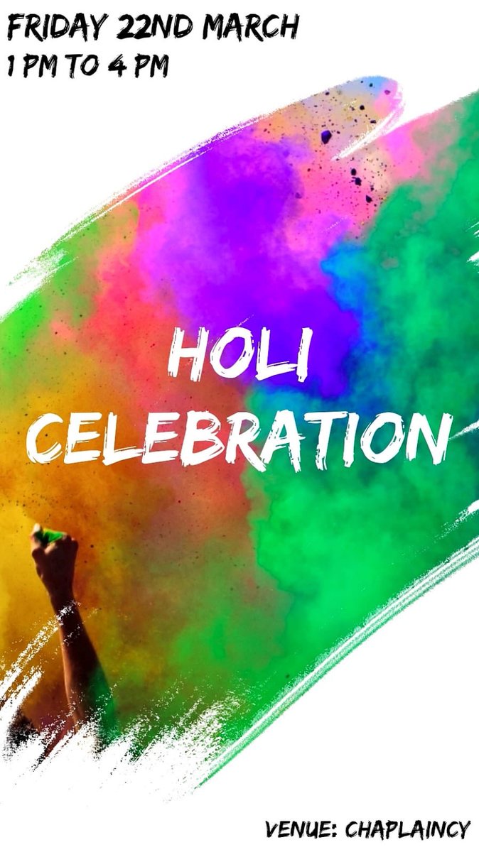 usw_intl's tweet photo. Join our Indian students and the Chaplaincy to celebrate the festival of colour, Holi! 🇮🇳 🎉 🎨

Date: This Friday 22nd March.
Time: 1:00PM to 4PM
Venue: Chaplaincy (The Meeting House, Treforest).
Light refreshments will be provided!

Everyone welcome (staff and students)! https://t.co/0zqiIh1r5d