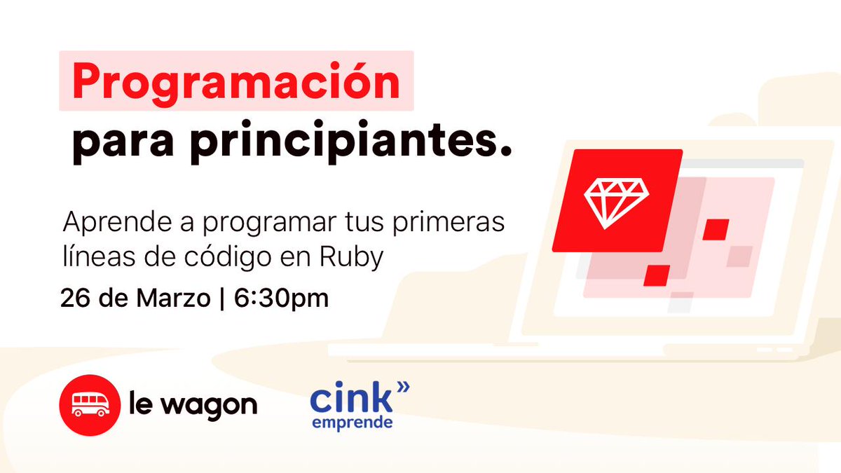 MarSaavedra_'s tweet image. 26/03 Taller de programación para principiantes en @Cink_Emprende con @lewagonspain. Aprende a programar tus primeras líneas de código en Ruby
Info: ➡️ eventbrite.es/e/programacion…
#cursoprogramación #coding #bootcamp #Ruby